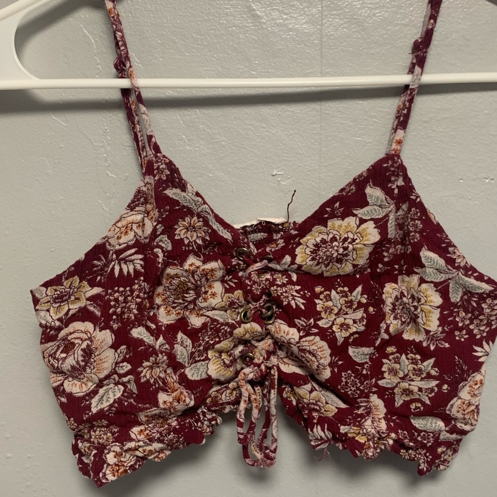 LA Hearts Eggplant Floral Crop Top with Tie Up Front Size Medium